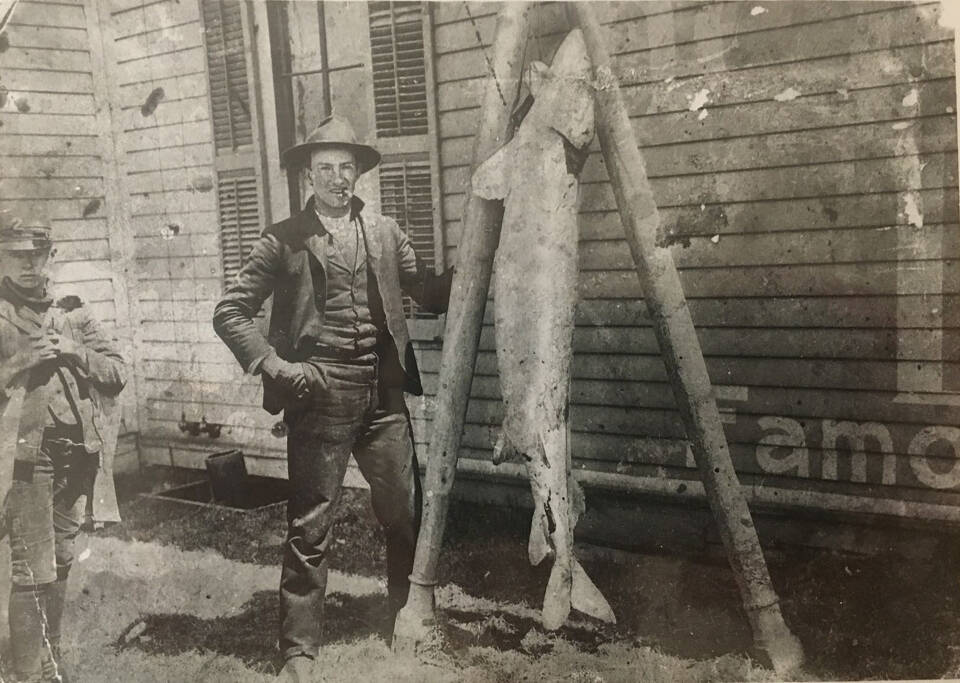 historic person standing next to a hanging sturgeon fished from the Grand River